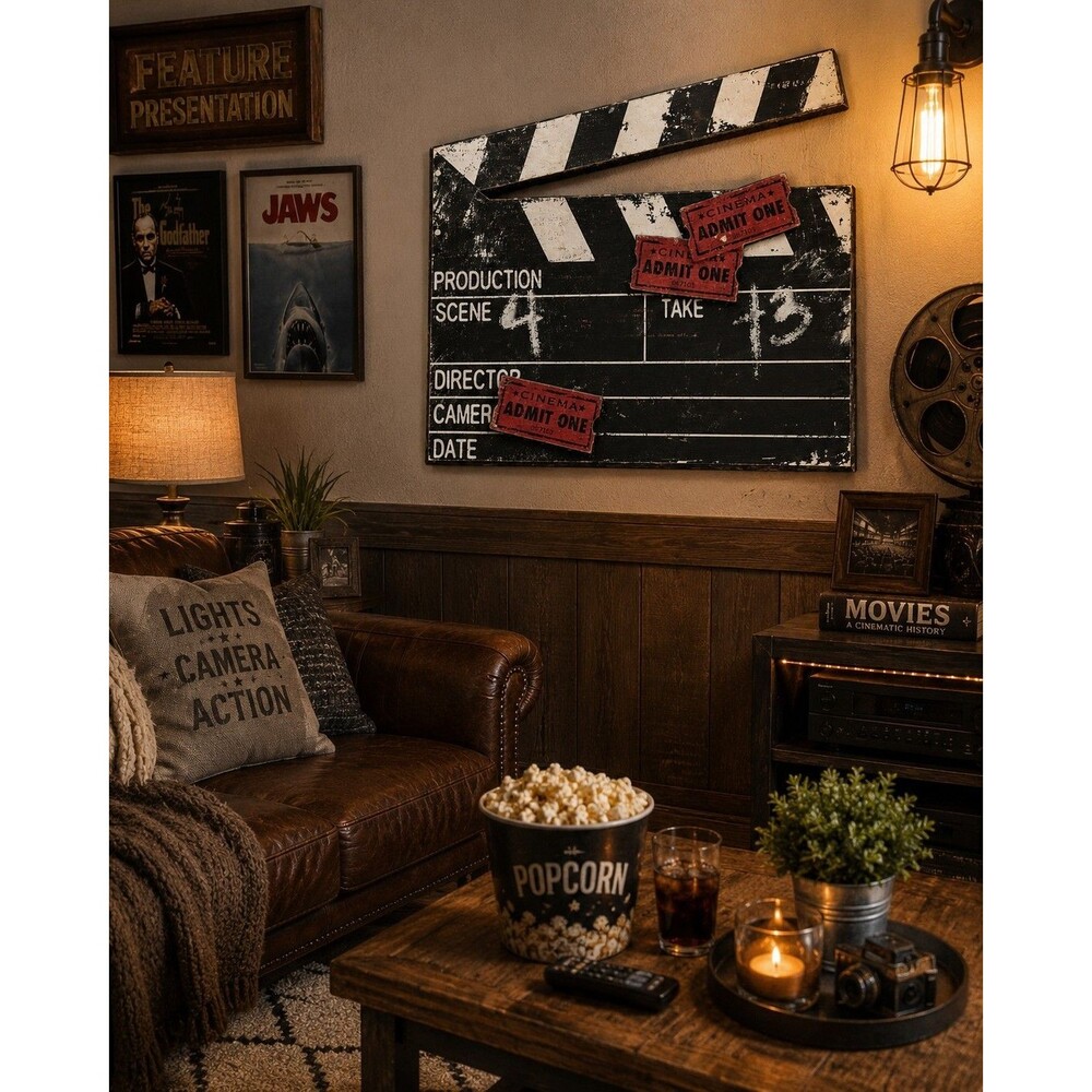 Vintage Hollywood Movie Clapper Board Wall Decor with Cinema Admit One Tickets